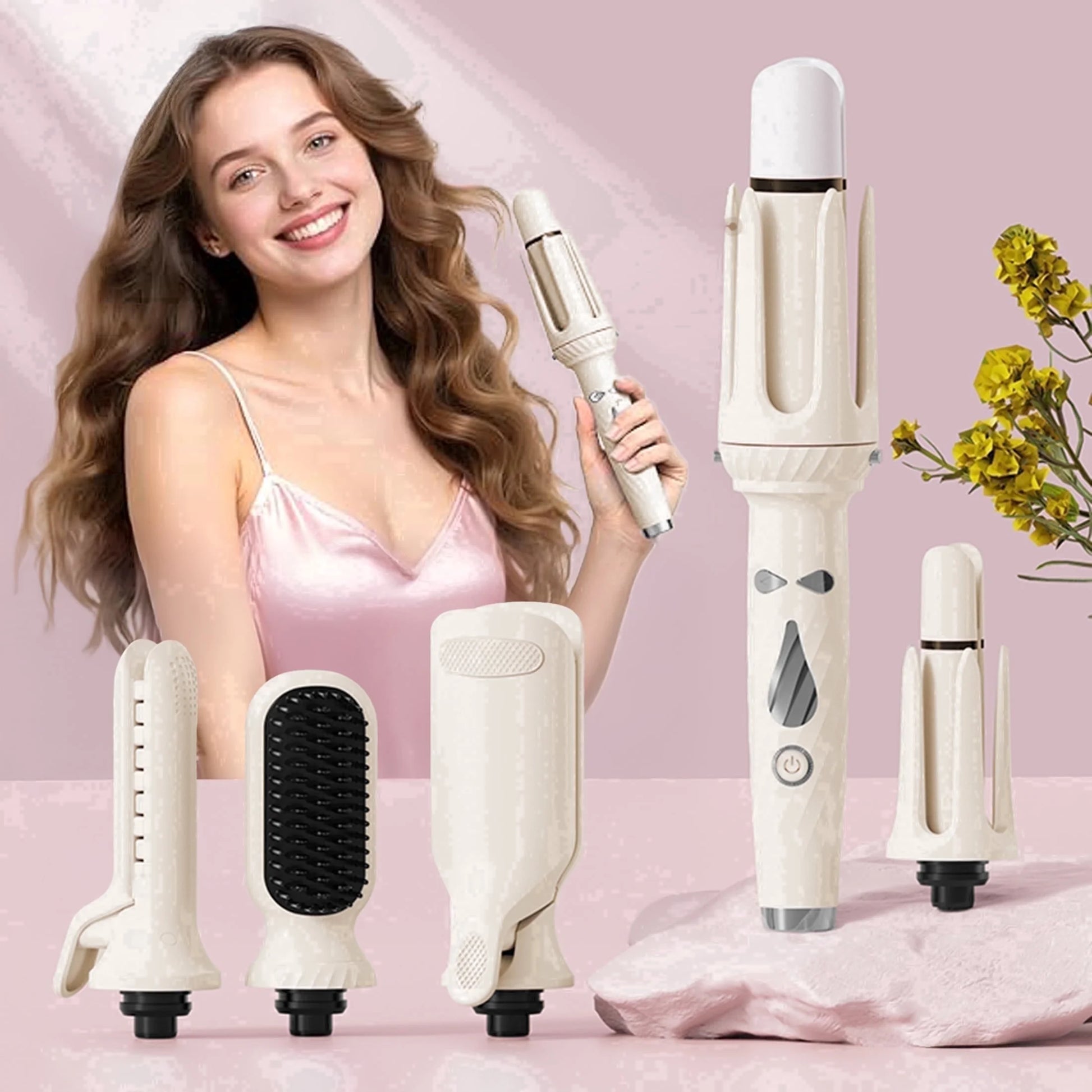 5-In-1 Hair Styling Tool with 1.25" Hair Crimper and Waver, 1" & 1.25" Automatic Curlers, Straightener Brush & Volumizing Crimper – Travel-Friendly Hair Tool