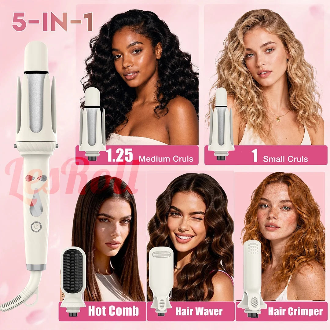 5-In-1 Hair Styling Tool with 1.25" Hair Crimper and Waver, 1" & 1.25" Automatic Curlers, Straightener Brush & Volumizing Crimper – Travel-Friendly Hair Tool